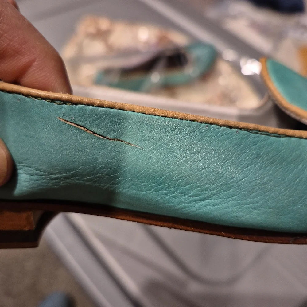 Italian Turquoise Leather Smoking Flats EU 37 Artisan Loafers Coastal Chic - Picture 13 of 13
